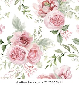 Seamless pattern with pink roses flowers and eucalyptus leaves. Watercolor floral background. Romantic illustration for print or fabric. Retro summer bouquet - Εικονογράφηση στοκ