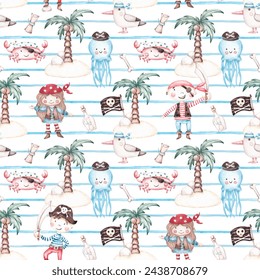 Seamless pattern with pirates and sea animals hand drawn by watercolor. Cute printable design in cartoon style. For kid textile, fabric, clothing, wallpaper, scrapbook and so on - Powered by Shutterstock