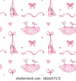 Seamless pattern with pointe shoes, ballet skirt, pink bow, ribbon and heart; watercolor hand draw illustration; with white isolated background