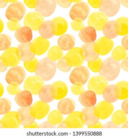 Seamless pattern of polka dots. The polka dot pattern. Watercolor pattern. Red, orange, yellow. Lemon, citrus, bright. Isolated.
