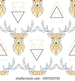 Seamless pattern polygonal deer head. Linear deer, print art, abstraction, nature. Geometric background low poly deer line on white background. 
Scandinavian interior. JPEG image.