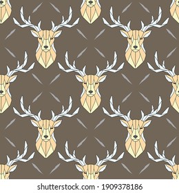 Seamless pattern polygonal deer head. JPEG image. Linear and polygonal deer, print art, abstraction, nature. Geometric background low poly deer line on white background.