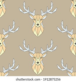 Seamless pattern polygonal deer head. JPEG image. Linear and polygonal deer, print art, abstraction, nature. Geometric background low poly deer line on brown background.