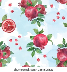 Seamless pattern of pomegranate fruit on a watercolor background 2. Watercolor painting