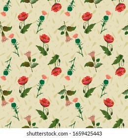 Seamless Pattern Poppy Thistle Datura Flower Stock Illustration