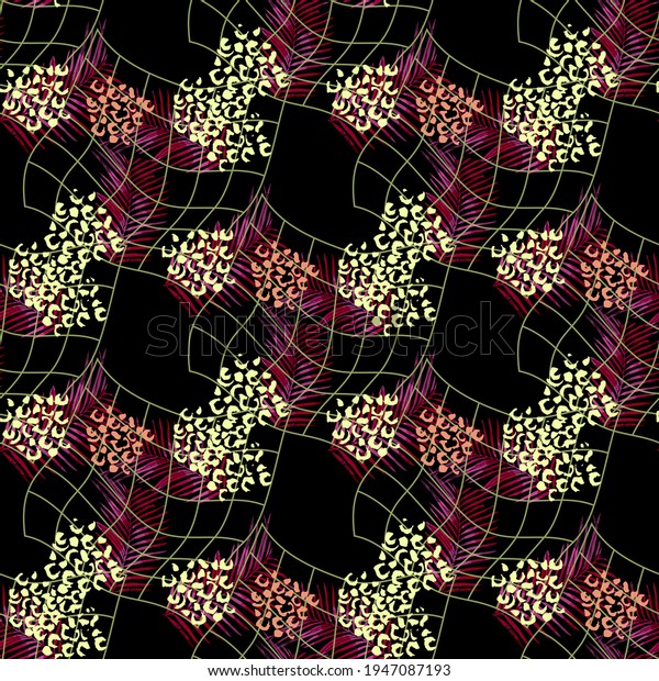 Seamless pattern post modern design. Watercolor\
effect. Creative background with leopard spots, fern leaves and\
grids. Textile print for bed linen, jacket, package design, fabric\
and fashion\
concepts.