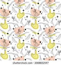 Seamless Pattern With Potted House Plant Canna Lily And Abstract Shapes. On A White Background.