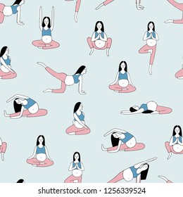 Seamless pattern with pregnant woman doing yoga exercises and meditating against blue background. Concept of spiritual practice and gymnastic activity during pregnancy. Doodle illustration - Powered by Shutterstock