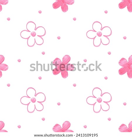 Seamless pattern of primitive pink contour flowers. Hand drawn illustration with colored pencil. For background design, notepads, textiles