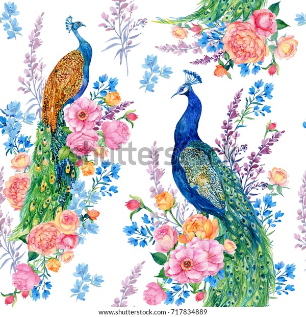 印刷 ファッションファブリック 繊維 壁紙用のシームレスなパターン 美しい鳥 桃 花 水彩イラスト のイラスト素材