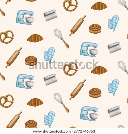 Seamless pattern with professional baking tools: stand mixers, rolling pins, whisks and dough scrapers.