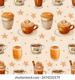 Seamless pattern with pumpkin latte, coffee and cappuccino in watercolor style. Perfect for textiles, wrapping paper, café branding, autumn decor, and digital backgrounds.