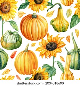 Seamless pattern of pumpkins and sunflowers, autumn background, watercolor drawings