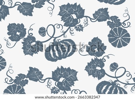 Seamless pattern with pumpkins and vines. Blue pumpkins, intricate vines, and leaves create a vintage look. Perfect for autumn designs, pumpkin-themed projects, and textiles. Food illustration.