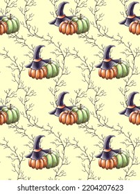 Seamless pattern pumpkins  witch hats    branches light yellow background  hand drawn and markers  For textile  fabric  gift wrapping paper  wallpapers  Halloween  themed party supplies