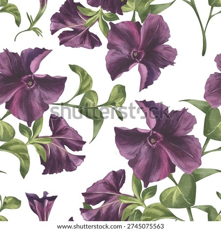 Seamless pattern of purple flowers with greenery, watercolor illustration. Floral ornament featuring a bouquet of black petunias. Flower clip art with buds for backgrounds and textiles Garden flowers.