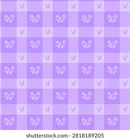 Seamless pattern with purple tulips and check plaid pattern. Purple gingham floral grid background template.