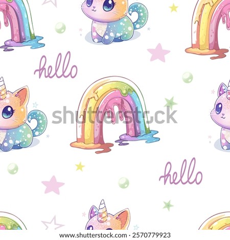Seamless Pattern with Rainbow Cats and Unicorns. Cute Pastel Unicorn Cats and Melting Rainbows. Adorable Kawaii Caticorns with Stars and Rainbows