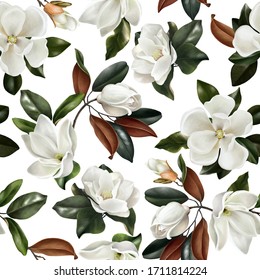  Seamless pattern with realistic botanical magnolias flowers and leaves