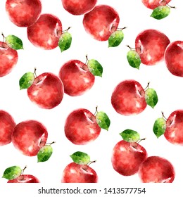 Seamless pattern with red apples. Watercolor illustration