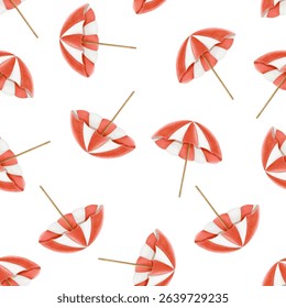 Seamless pattern of red beach umbrellas in watercolor style. Hand-painted summer-themed design with a bright and cheerful mood. Ideal for fabric, wrapping paper, and seasonal decor.