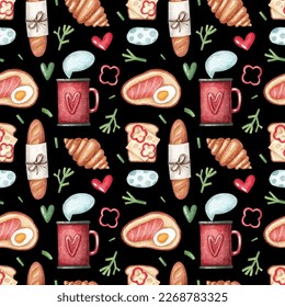 Seamless pattern with a red cup of coffee, sandwiches and pastries on a black background. Watercolor illustration. Food. Breakfast. To cook. Delicious. Print on fabric and paper. Art. Design. 