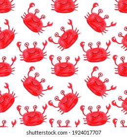 Seamless pattern with red cute crabs illustrations for kids, backdrops. decor, textile. 