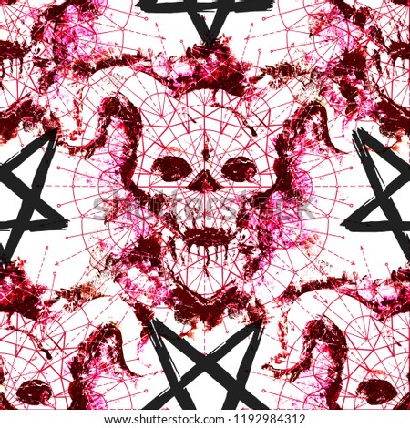 Seamless pattern with red devil silhouette and pentagrams on white. Death symbol, black magic concept. Occult, esoteric and Halloween illustration