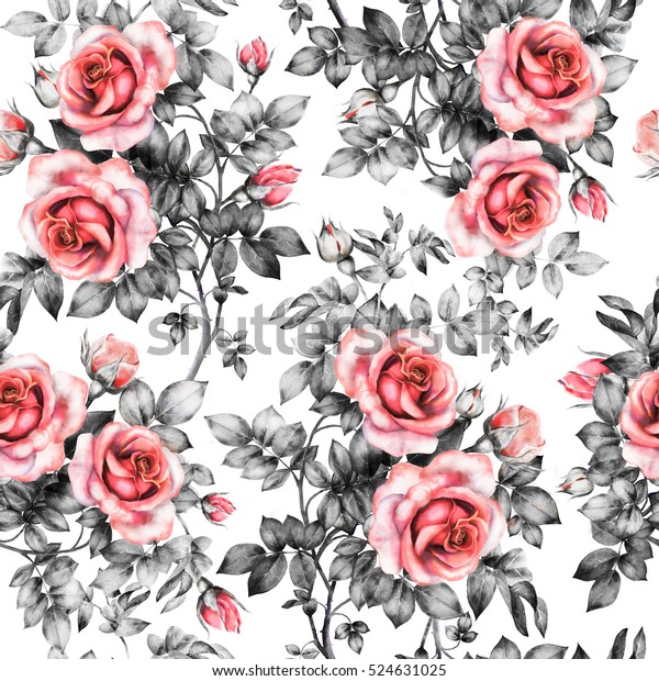 Seamless pattern with red flowers and leaves on white background, watercolor floral pattern, flower rose in pastel color, seamless flower pattern for wallpaper, card, fabric