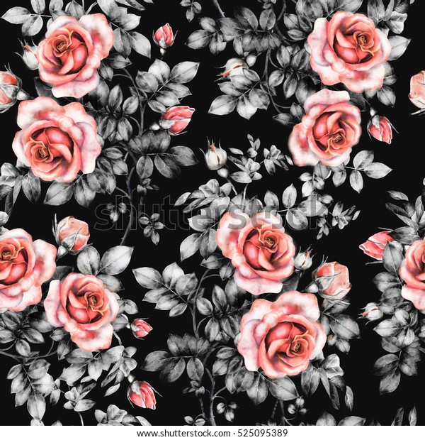 赤い花 葉 水彩花柄 花バラ 壁紙用のシームレスな花柄 カードまたは布 黒い背景にシームレスな模様 のイラスト素材