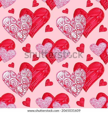 Seamless pattern red heart on pink. Hand-drawn marker art. Ornate swirl line. Creative design background for valentines day, card, celebration, 8 March, textile, wedding, wrapping wallpaper