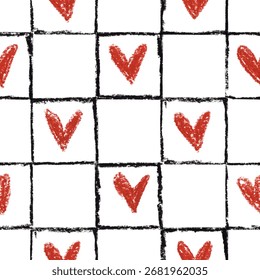 Seamless pattern with red hearts in a hand-drawn grid. Oil pastel texture. Playful and rustic design.