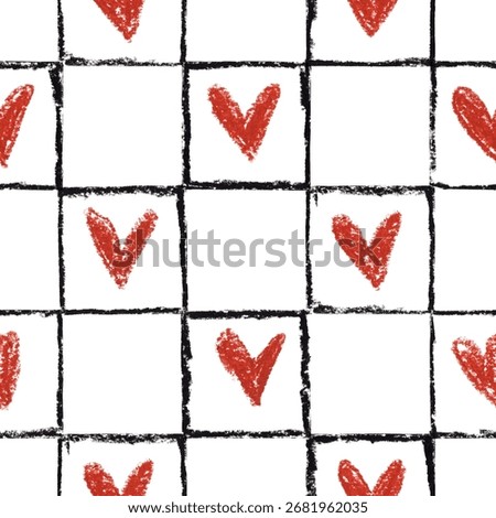 Seamless pattern with red hearts in a hand-drawn grid. Oil pastel texture. Playful and rustic design.