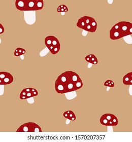 Seamless pattern  red mushroom and white stem on brown background  the sign the coming autumn season 