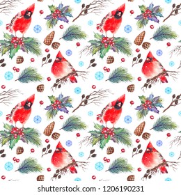 Seamless Pattern Red Northern Cardinals Holly Stock Illustration ...