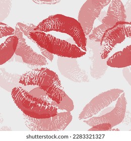 Seamless pattern red and pink lips kisses prints. Valentines day love background
