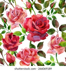 Seamless Pattern With Red Roses. Hand Painted Watercolor Background