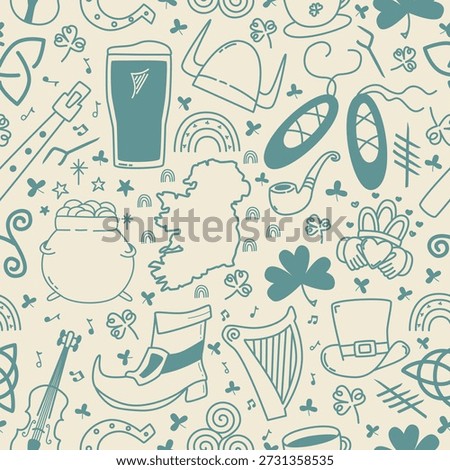 Seamless pattern repeat of handdrawn motifs of Ireland to celebrate St. Patrick’s Day.