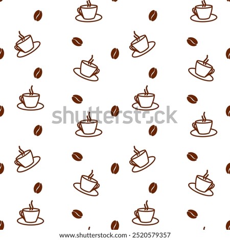 Seamless pattern repeating isolated brown cups hot drink and coffee beans hand drawn white background 