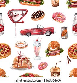 Seamless pattern with retro diner menu. Burger, hot dog, soda, milkshakes, ice cream, berry pie, donuts, coffee - Powered by Shutterstock