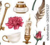 Seamless pattern with retro inkwell and writing pen, teacup, red roses, gold candle holder, key. Royal atmosphere, Gothic. Old vintage decorations in classic style. Office supplies, postcard design.