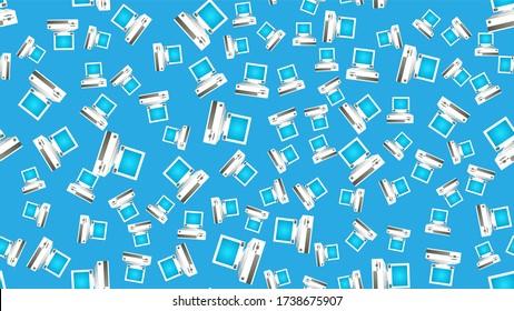 Seamless Pattern Of Retro Old Hipster Computers From The 70s, 80s, 90s, 2000s On A Blue Background.