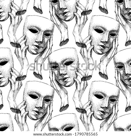 Seamless pattern in retro style. Mask in hands. Symbol of dramatic theater. Hypocrite, pretender, trickster, many faces. Vintage black and white template. drama portrait. hand made drawing.