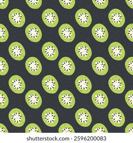 Seamless seamless pattern with retro style textured kiwi slices. Perfect print for card, label, textile, fabric, paper. Hand drawn illustration.