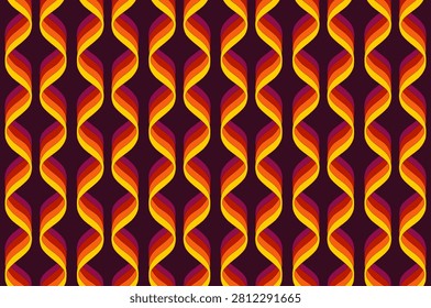 seamless pattern retro wavy lines featuring vertical ribbons in warm tones of yellow orange red and maroon.The design is reminiscent of 1960s and 1970s aesthetic styles, commonly used for fashion wallpaper and interior design backgrounds.