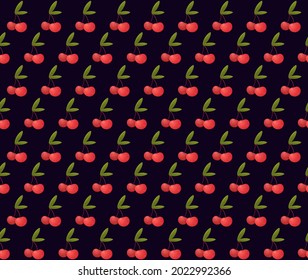 Seamless pattern with ripe realistic red cherries on dark background. Stock illustration for background, wallpaper, textile, scrapbooking, wrapping paper.