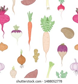 Seamless pattern with roots vegetables. Digital Illustration. White background.