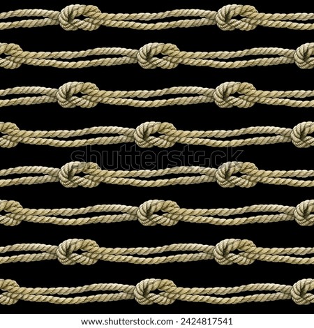 Seamless pattern of rope cords with knots. Hand drawn illustration. Nautical thread whipcord with loop and noose. Hand painted watercolor on black background. For Print, wrapping, crafting.