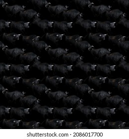 Seamless Pattern Of Running Bulls Herd At Night. Based On 3d Renders On Black.