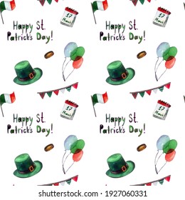 Seamless pattern for Saint Patrick's Day. Handdrawn watercolor elements